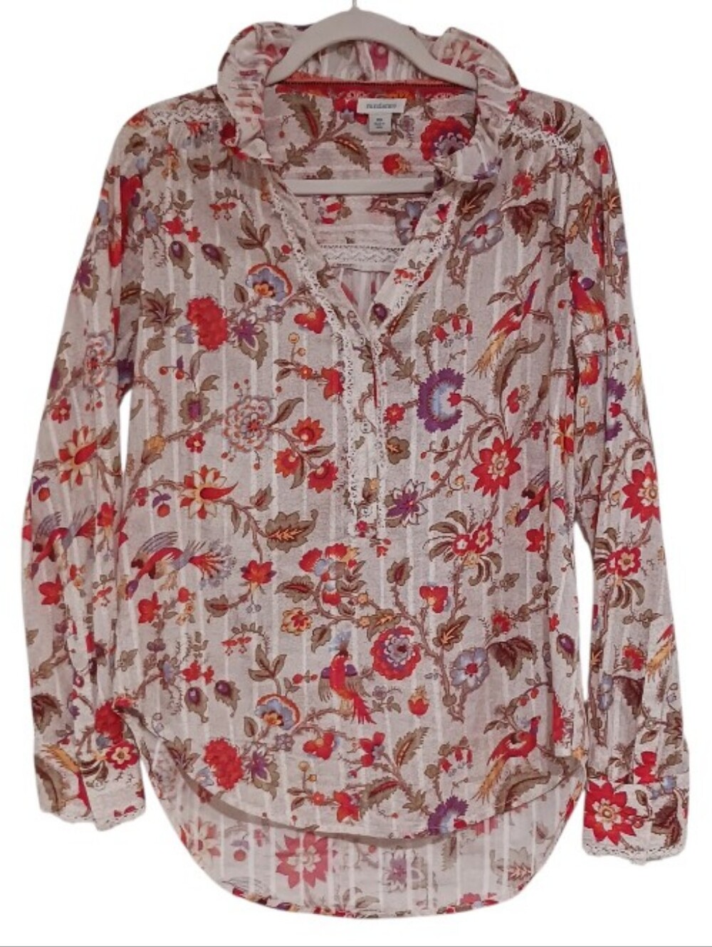 Sundance Ruffle Collar Floral Pheasant Relaxed Blouse Lace Trim - Picture 6 of 13